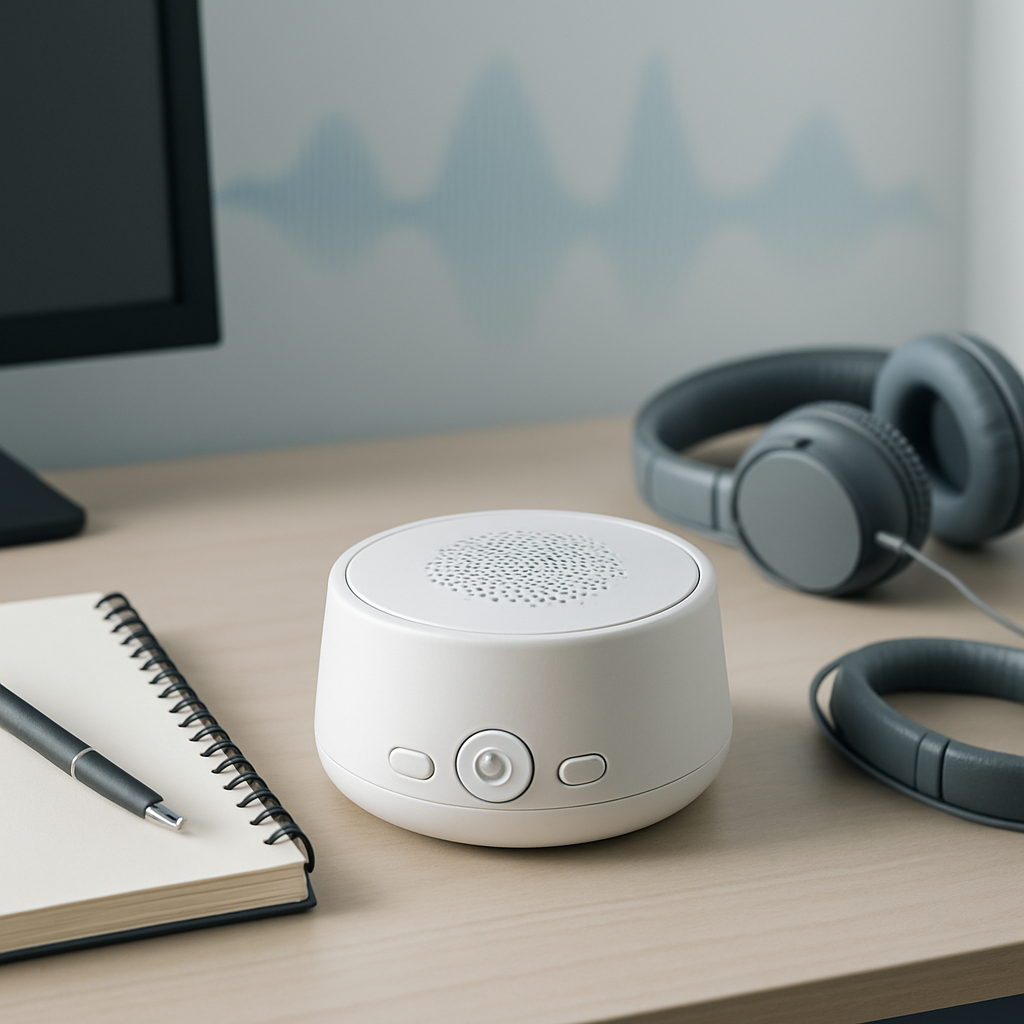 White noise machine on office desk beside headphones